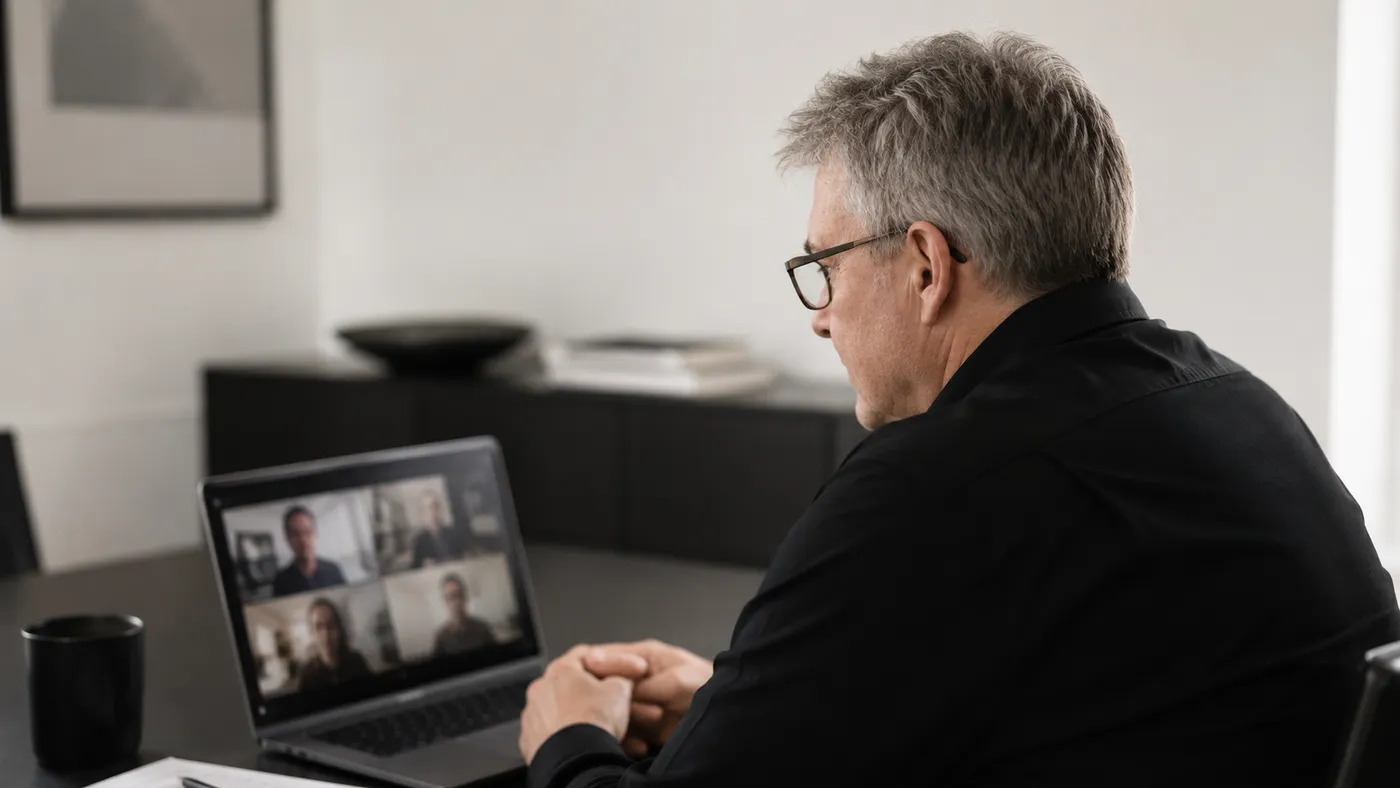 Geschäftsführer im Video-Call mit seinem Team